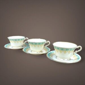Syracuse Betsy Ross Turquoise Cups Saucers SETof 3 Old Ivory OPCO 30s-40s